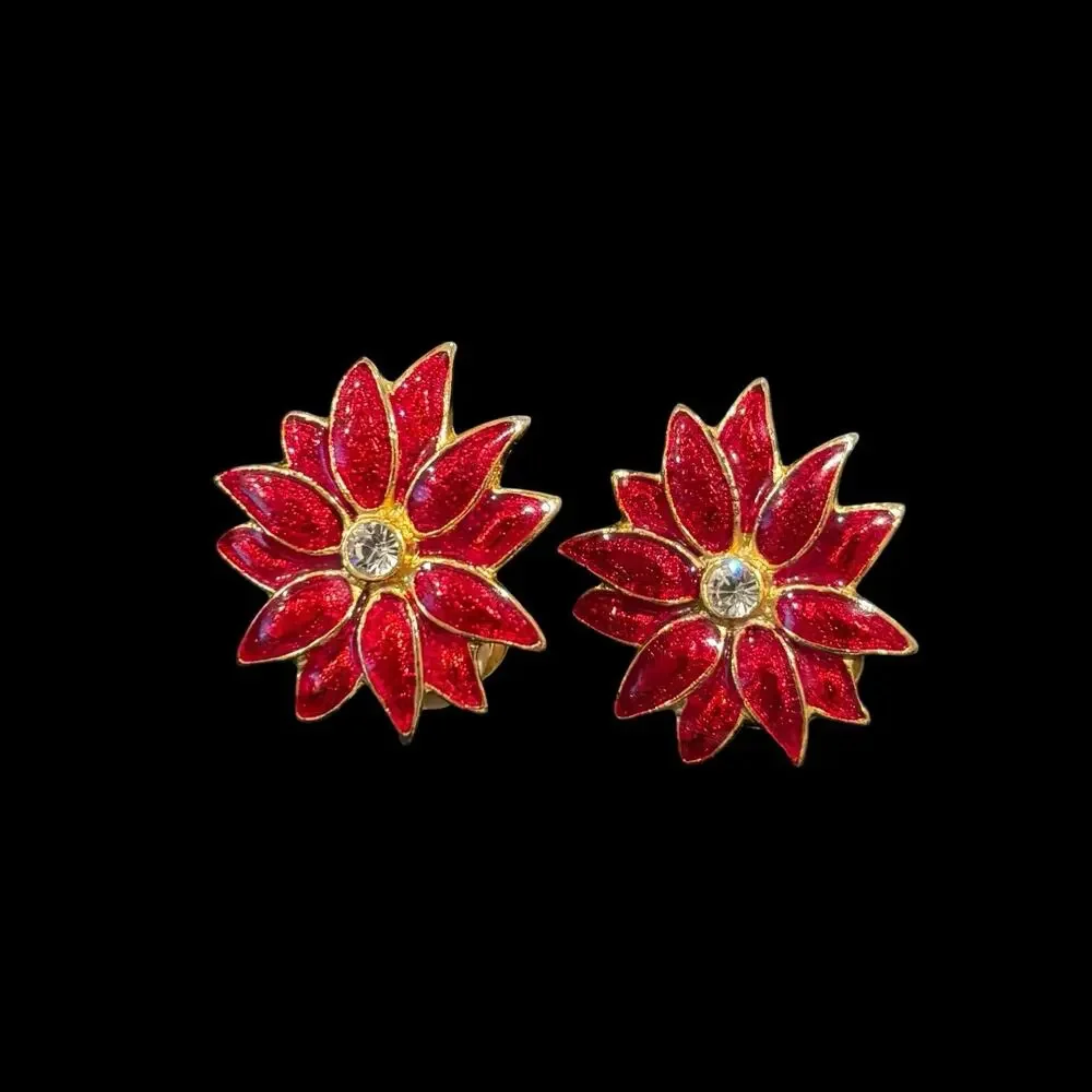 Vintage Red Enamel Poinsettia Flower Clip On Earrings Gold Tone CZ Christmas